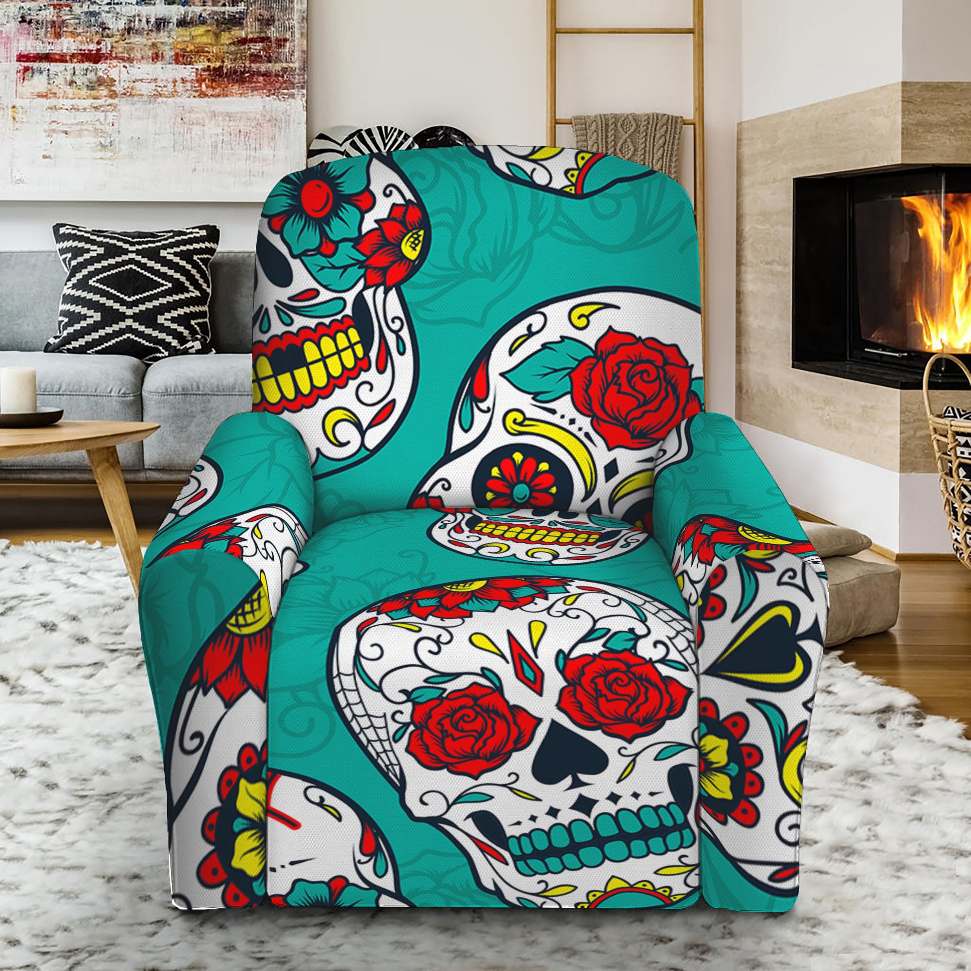 Teal Sugar Skull Pattern Print Recliner Slipcover