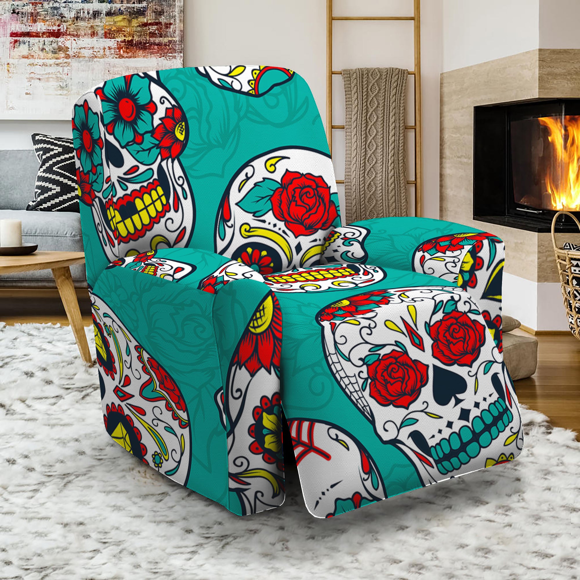 Teal Sugar Skull Pattern Print Recliner Slipcover