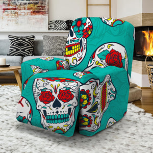 Teal Sugar Skull Pattern Print Recliner Slipcover