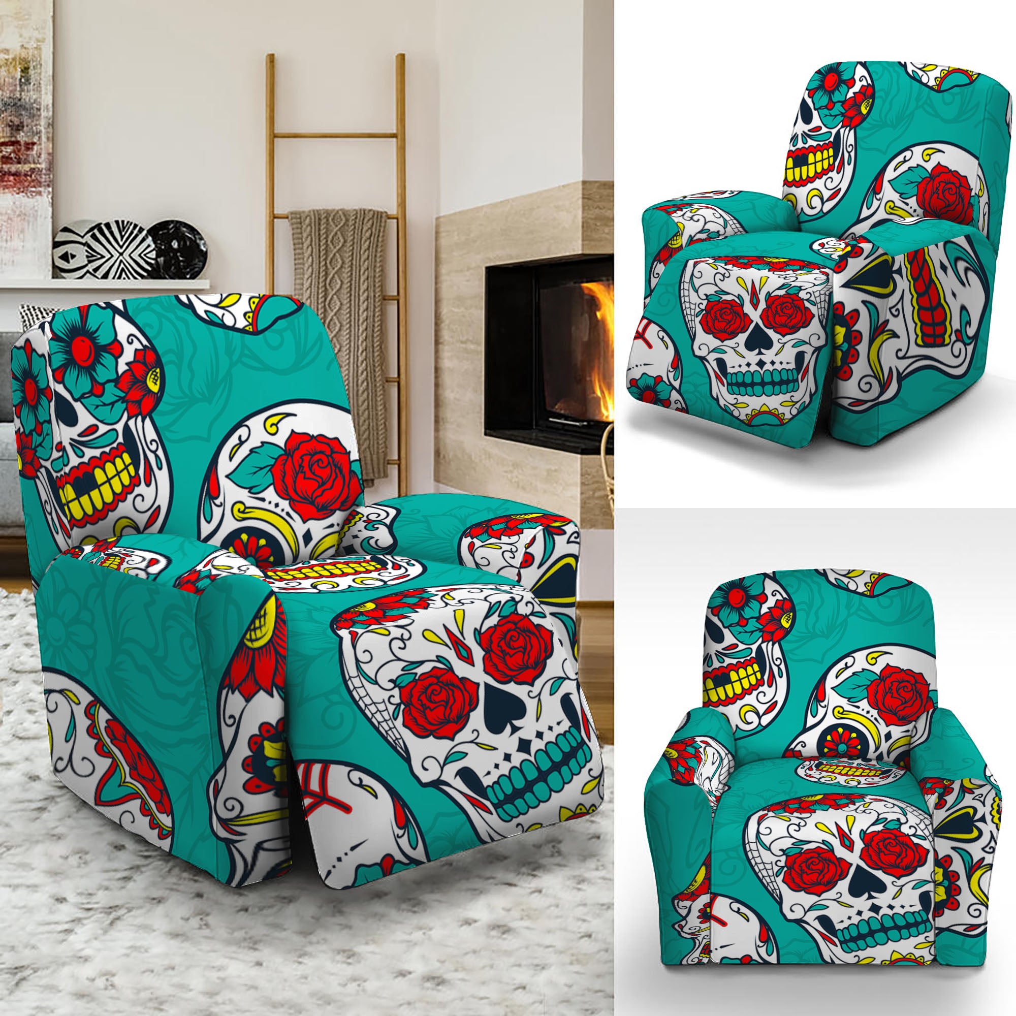 Teal Sugar Skull Pattern Print Recliner Slipcover