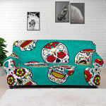 Teal Sugar Skull Pattern Print Sofa Cover