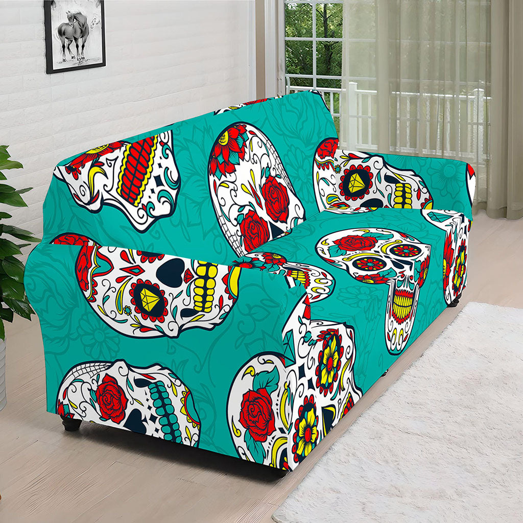 Teal Sugar Skull Pattern Print Sofa Cover