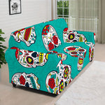 Teal Sugar Skull Pattern Print Sofa Cover