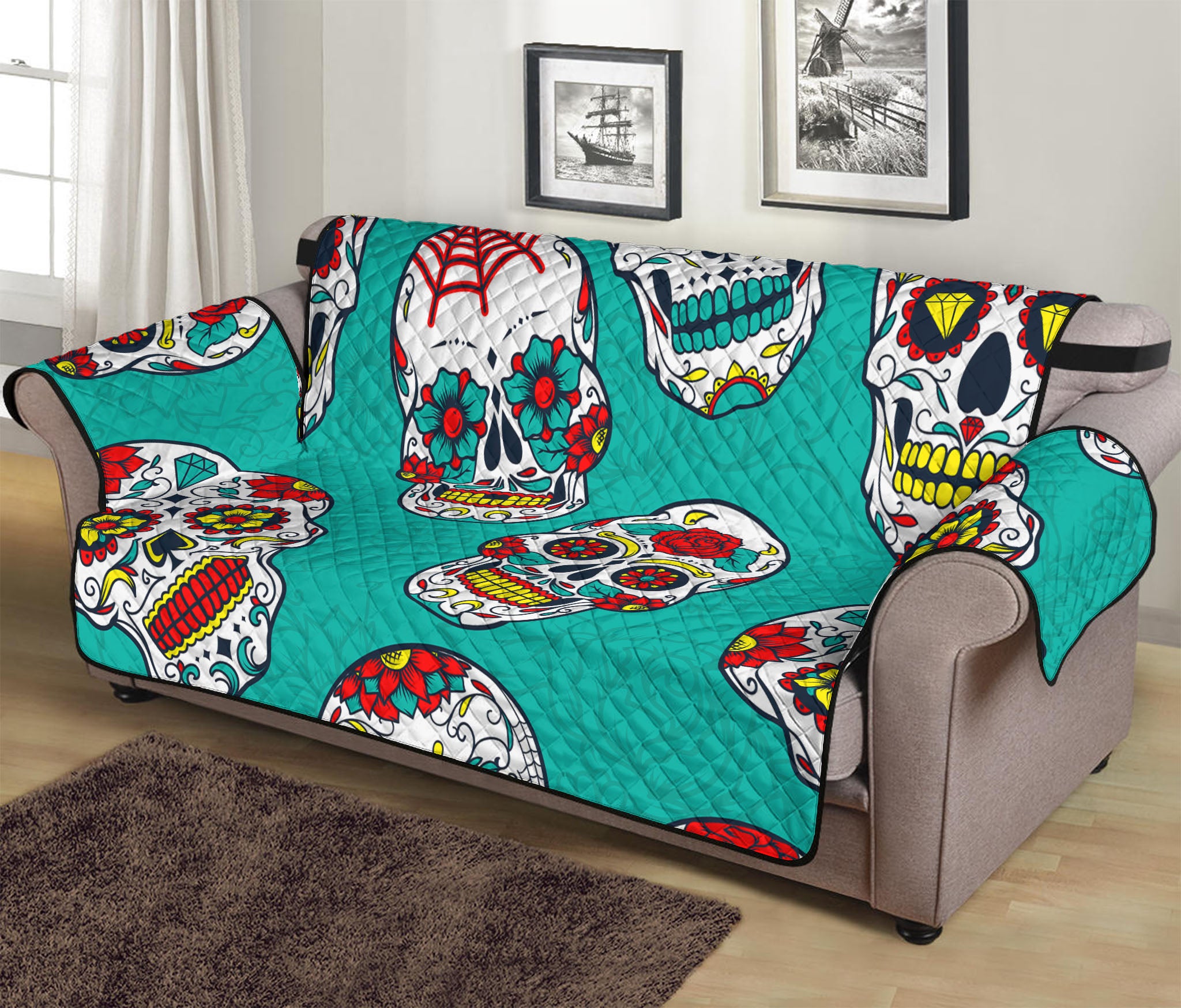 Teal Sugar Skull Pattern Print Sofa Protector