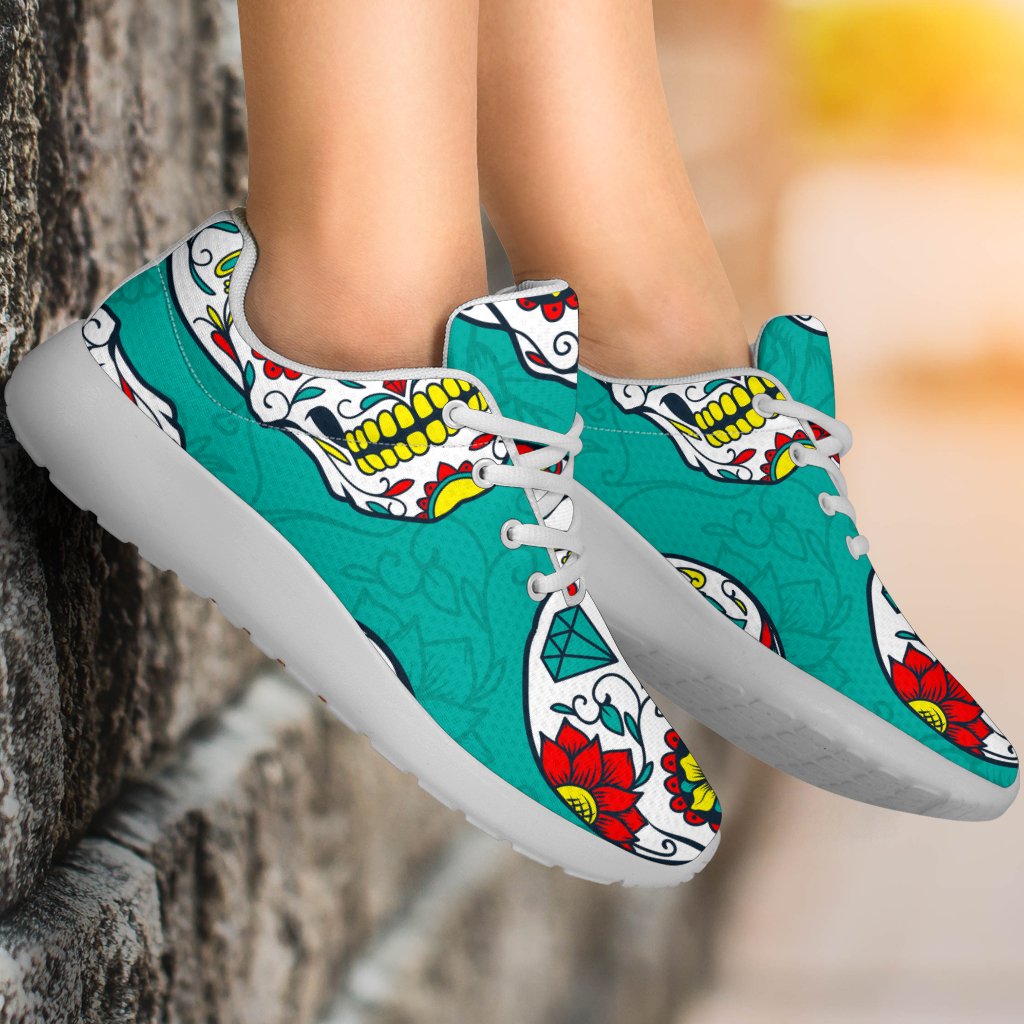 Teal Sugar Skull Pattern Print Sport Shoes GearFrost