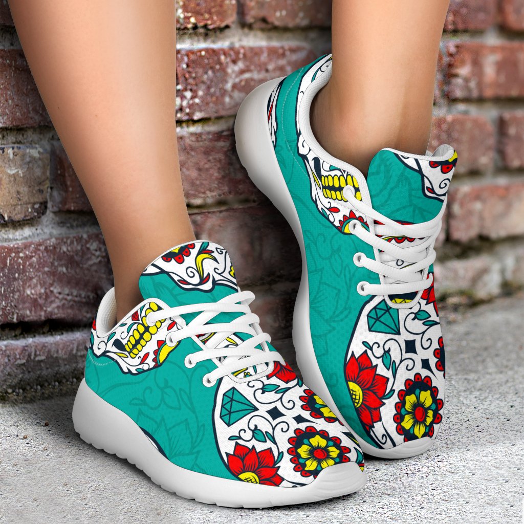 Teal Sugar Skull Pattern Print Sport Shoes GearFrost