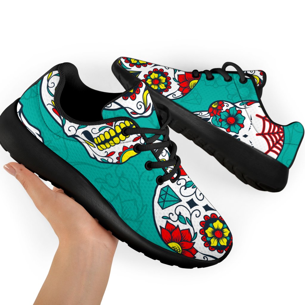 Teal Sugar Skull Pattern Print Sport Shoes GearFrost