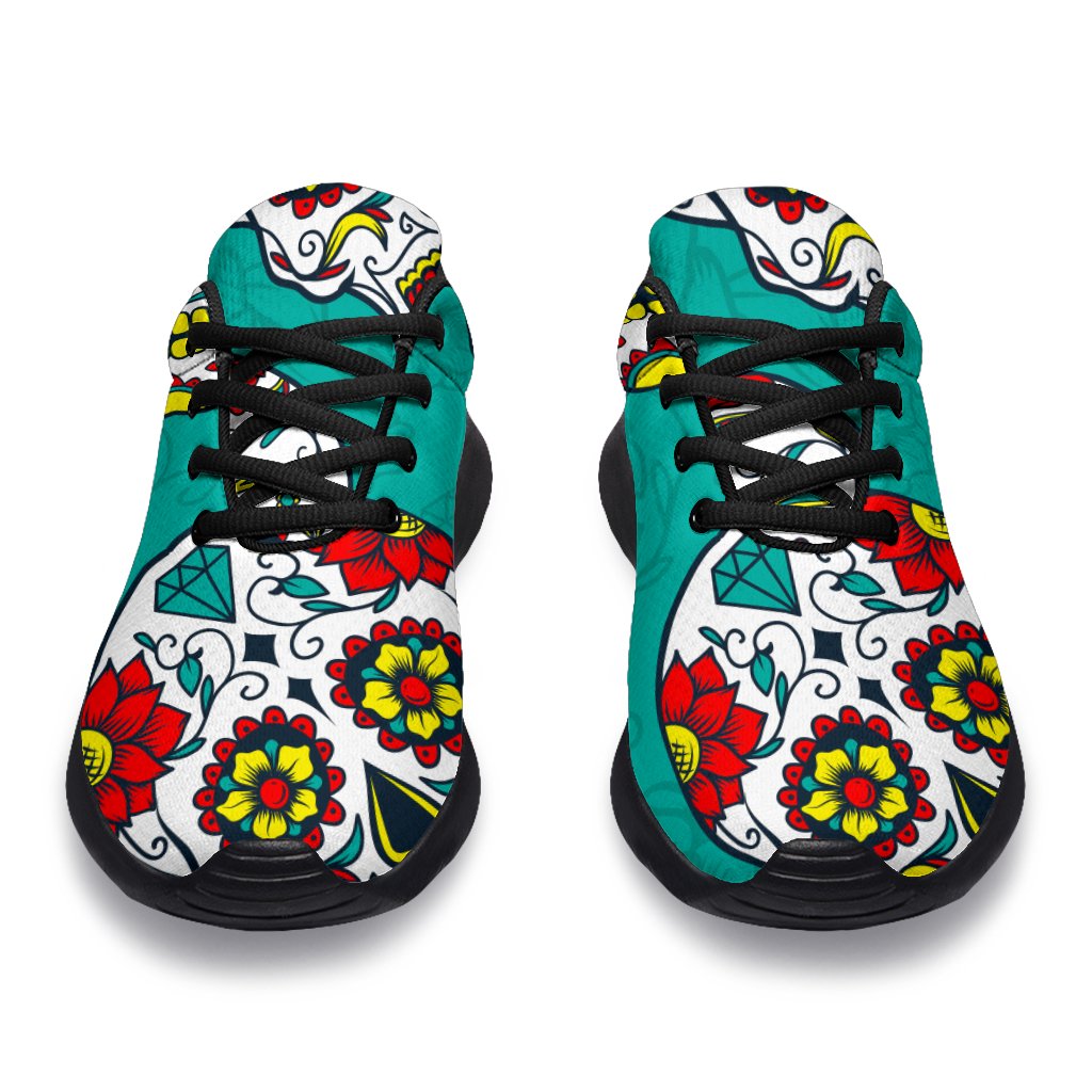 Teal Sugar Skull Pattern Print Sport Shoes GearFrost