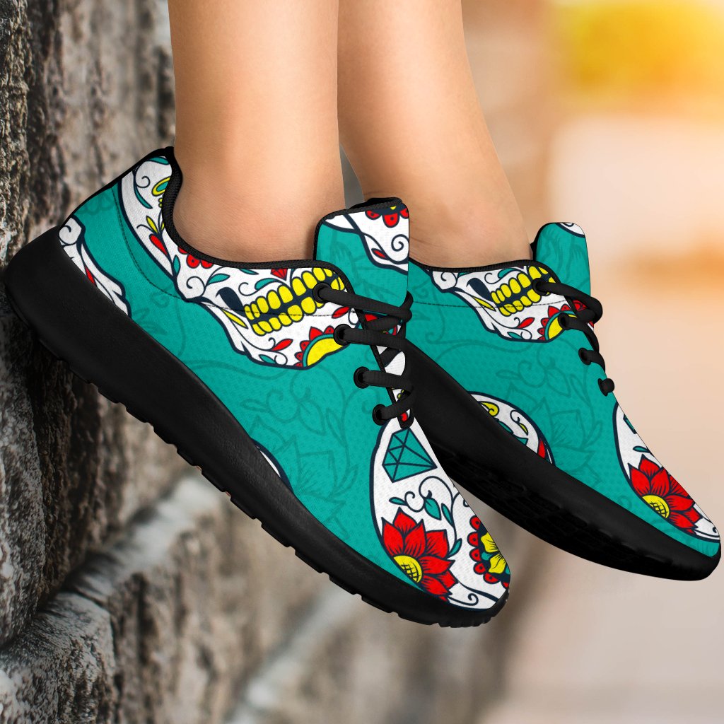 Teal Sugar Skull Pattern Print Sport Shoes GearFrost