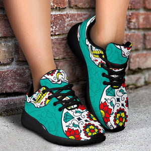 Teal Sugar Skull Pattern Print Sport Shoes GearFrost