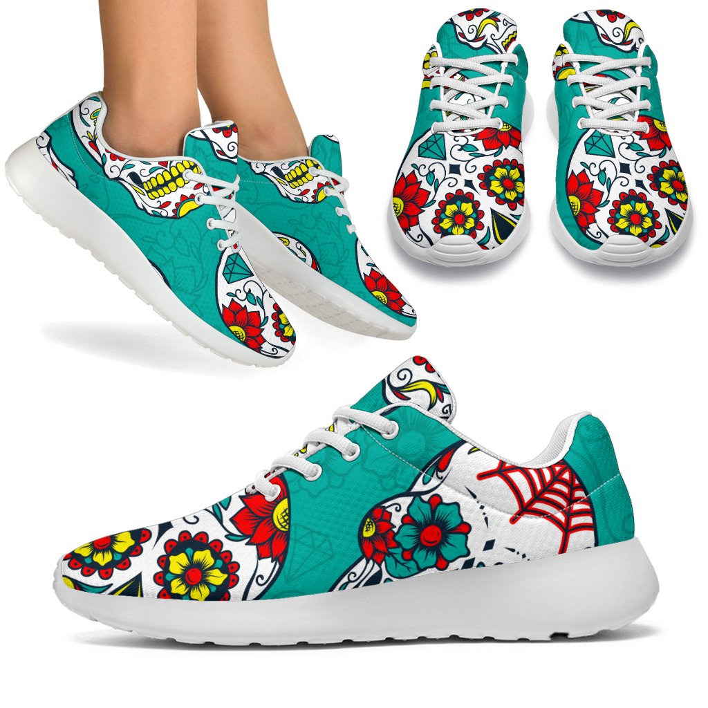 Teal Sugar Skull Pattern Print Sport Shoes GearFrost