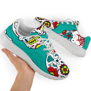 Teal Sugar Skull Pattern Print Sport Shoes GearFrost