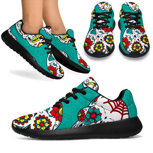 Teal Sugar Skull Pattern Print Sport Shoes GearFrost