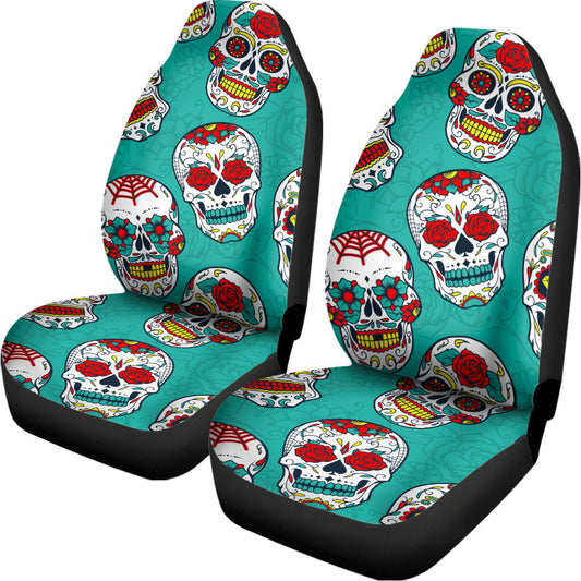 Teal Sugar Skull Pattern Print Universal Fit Car Seat Covers