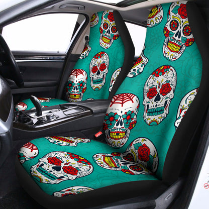 Teal Sugar Skull Pattern Print Universal Fit Car Seat Covers