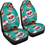 Teal Sugar Skull Pattern Print Universal Fit Car Seat Covers