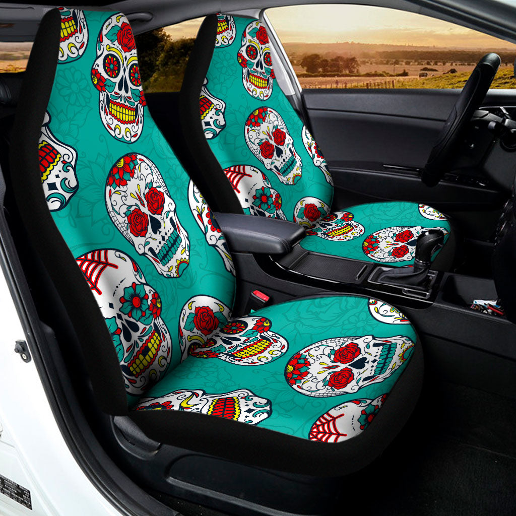 Teal Sugar Skull Pattern Print Universal Fit Car Seat Covers