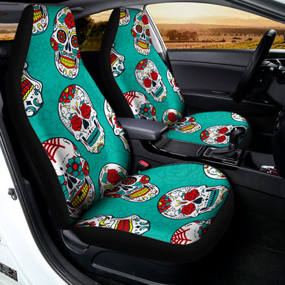 Teal Sugar Skull Pattern Print Universal Fit Car Seat Covers