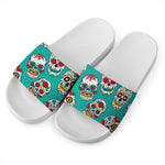 Teal Sugar Skull Pattern Print White Slide Sandals