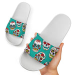 Teal Sugar Skull Pattern Print White Slide Sandals