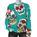 Teal Sugar Skull Pattern Print Women's Crewneck Sweatshirt GearFrost