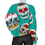 Teal Sugar Skull Pattern Print Women's Crewneck Sweatshirt GearFrost