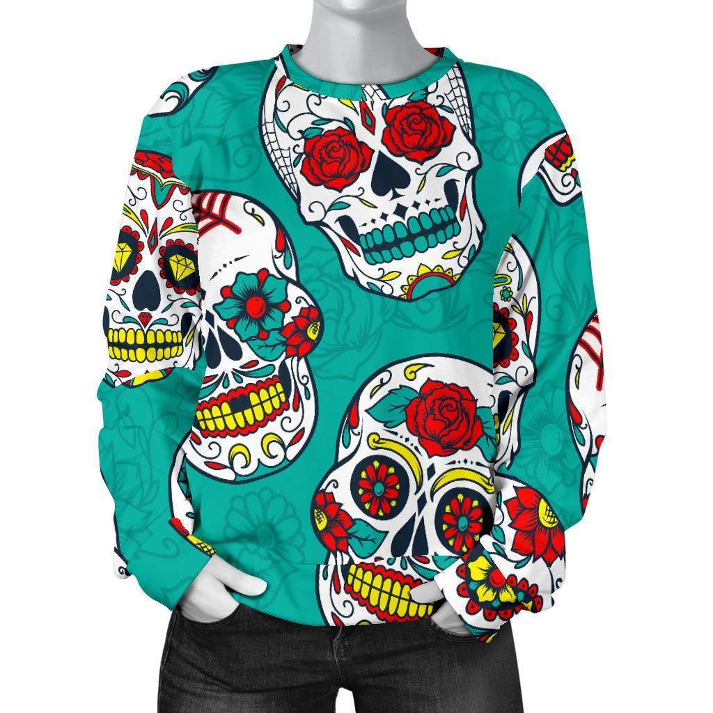 Teal Sugar Skull Pattern Print Women's Crewneck Sweatshirt GearFrost