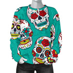 Teal Sugar Skull Pattern Print Women's Crewneck Sweatshirt GearFrost