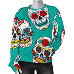 Teal Sugar Skull Pattern Print Women's Crewneck Sweatshirt GearFrost