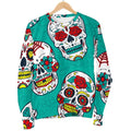 Teal Sugar Skull Pattern Print Women's Crewneck Sweatshirt