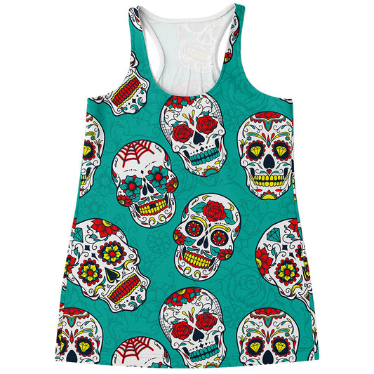 Teal Sugar Skull Pattern Print Women's Racerback Tank Top