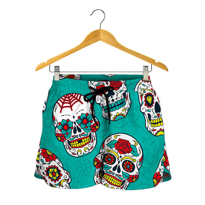 Teal Sugar Skull Pattern Print Women's Shorts