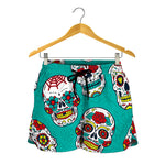 Teal Sugar Skull Pattern Print Women's Shorts