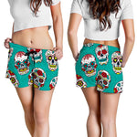 Teal Sugar Skull Pattern Print Women's Shorts