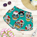 Teal Sugar Skull Pattern Print Women's Shorts