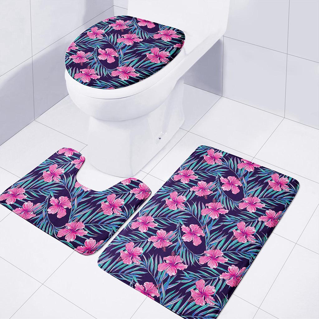 Teal Tropical Hibiscus Pattern Print 3 Piece Bath Mat Set