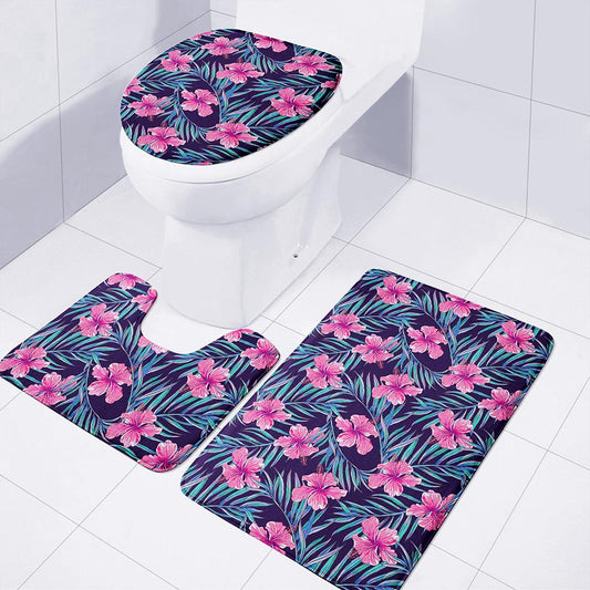 Teal Tropical Hibiscus Pattern Print 3 Piece Bath Mat Set