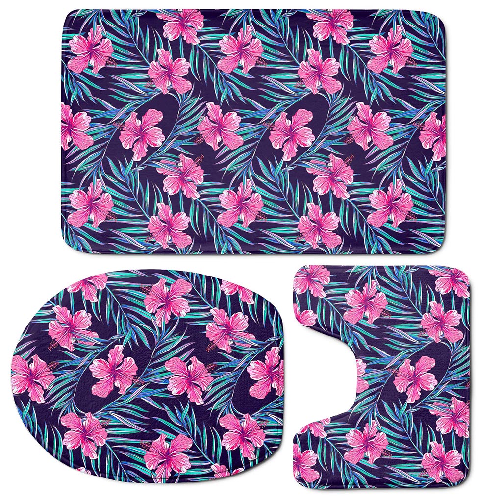 Teal Tropical Hibiscus Pattern Print 3 Piece Bath Mat Set