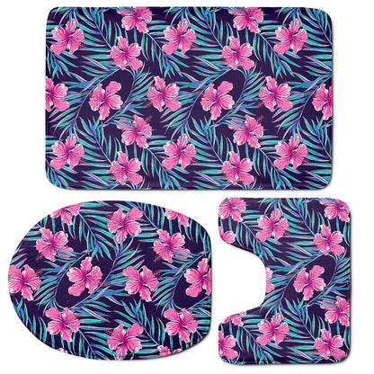Teal Tropical Hibiscus Pattern Print 3 Piece Bath Mat Set