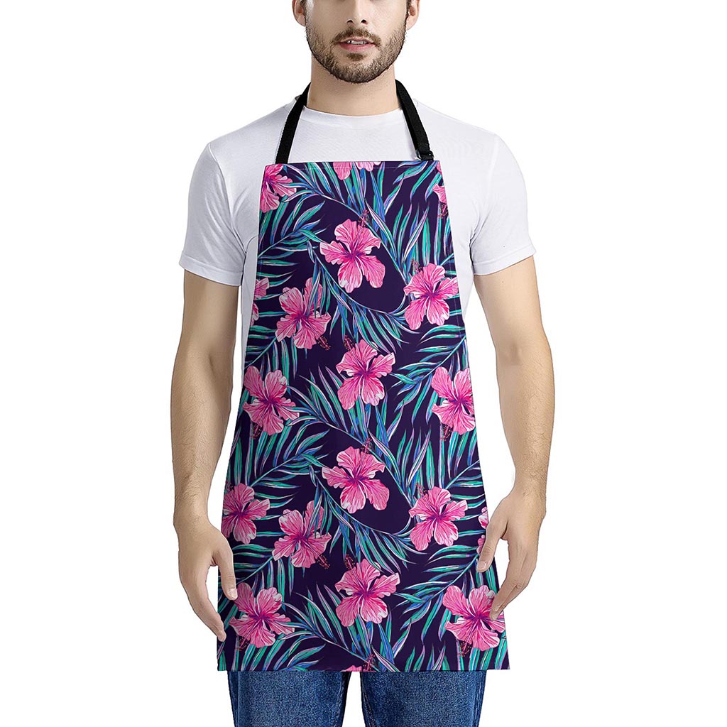 Teal Tropical Hibiscus Pattern Print Apron
