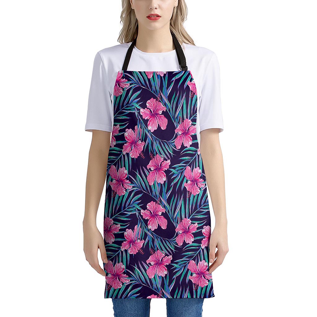 Teal Tropical Hibiscus Pattern Print Apron