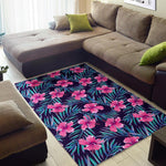 Teal Tropical Hibiscus Pattern Print Area Rug GearFrost