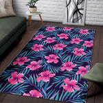 Teal Tropical Hibiscus Pattern Print Area Rug GearFrost