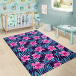 Teal Tropical Hibiscus Pattern Print Area Rug GearFrost