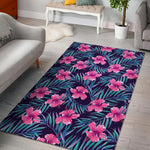 Teal Tropical Hibiscus Pattern Print Area Rug GearFrost