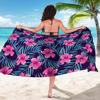 Teal Tropical Hibiscus Pattern Print Beach Sarong Wrap