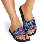 Teal Tropical Hibiscus Pattern Print Black Slide Sandals