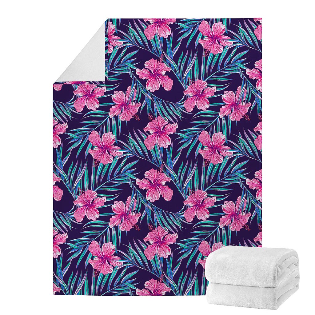 Teal Tropical Hibiscus Pattern Print Blanket