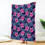 Teal Tropical Hibiscus Pattern Print Blanket