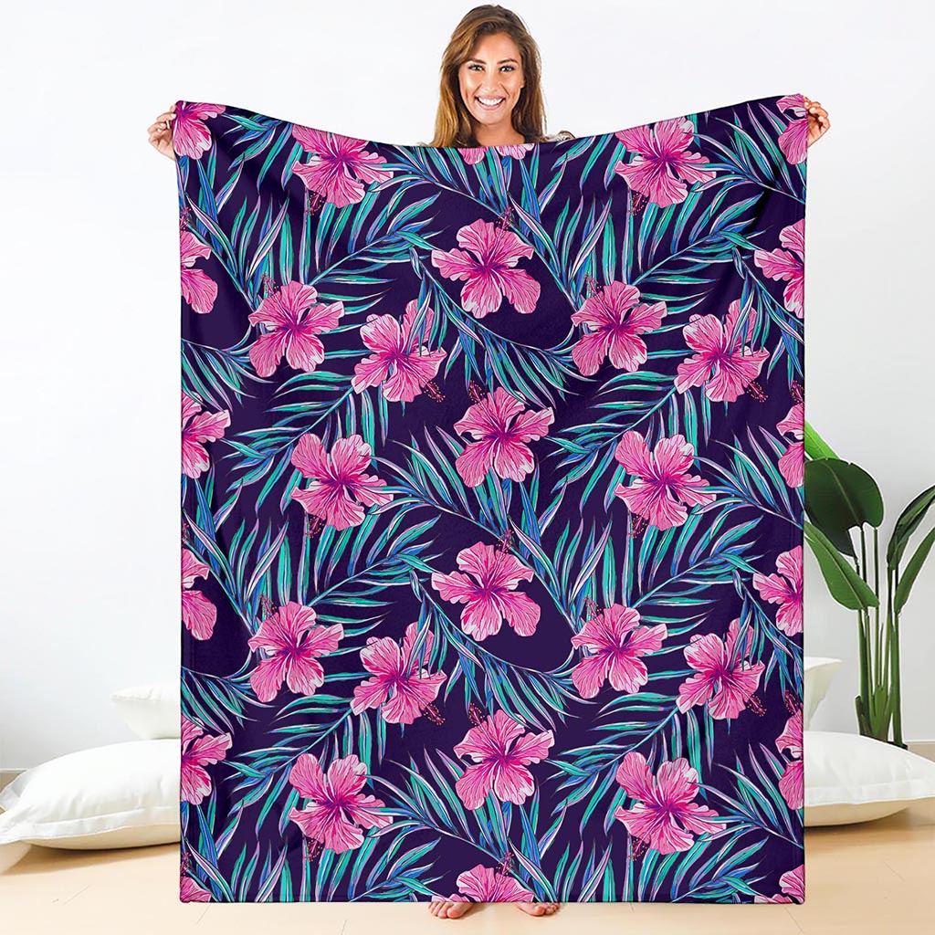 Teal Tropical Hibiscus Pattern Print Blanket